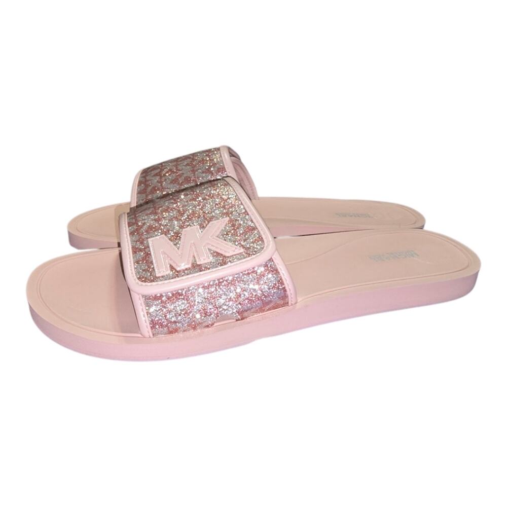 Michael‎ Kors Pink Logo Glitter Slide Sandals Women's Size 11 New - Picture 2 of 12